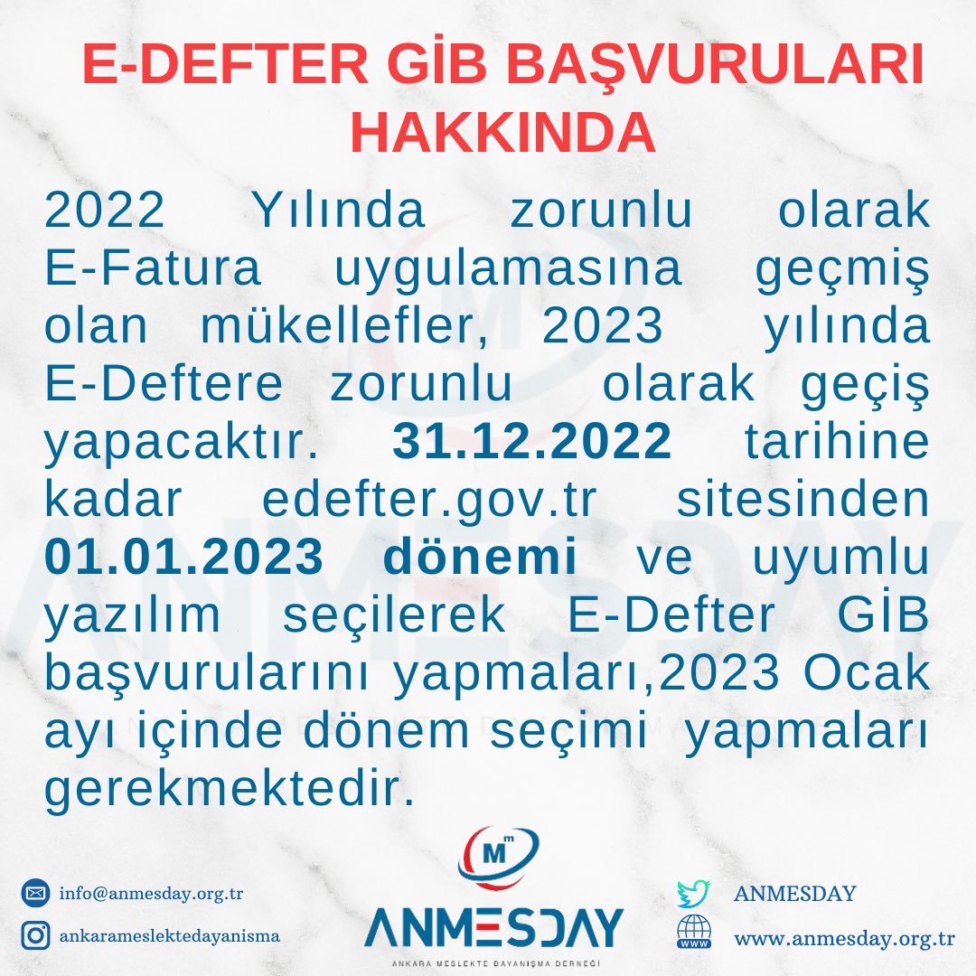 ANMESDAY's tweet photo. E-Defter GİB başvuruları hakkında bilgilendirme 🖇
#anmesday #edefter https://t.co/Z3I2dYyDnp