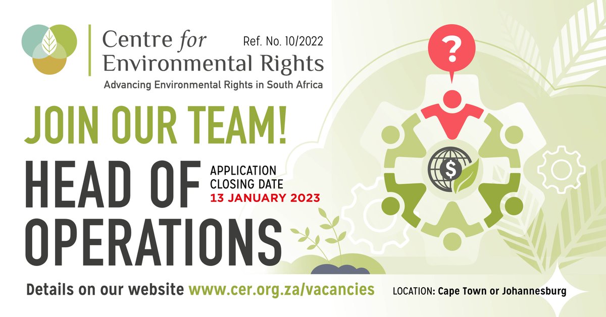 The Centre for Environmental Rights is recruiting for a Head of Operations to join our Executive Management Team. The Head of Operations is the technical lead for CER’s operational functions. 
Applications close on 13 January 2023. 
Learn more here: bit.ly/3hd6q0x