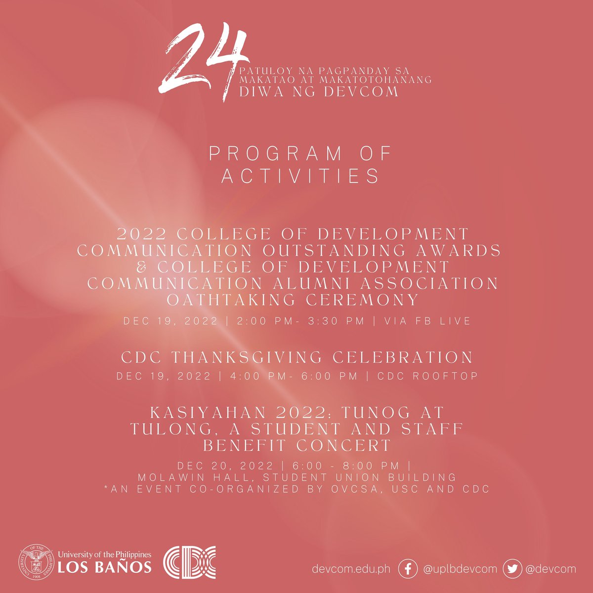 devcom's tweet photo. Narito ang iskedyul ng mga gawain sa mga susunod na araw para sa pagdiriwang ng ika-24 na anibersaryo ng #UPLBDevcom. Sana ay makasama namin kayo! #24CDC #DiwaNgDevcom https://t.co/coTgd1cOMV