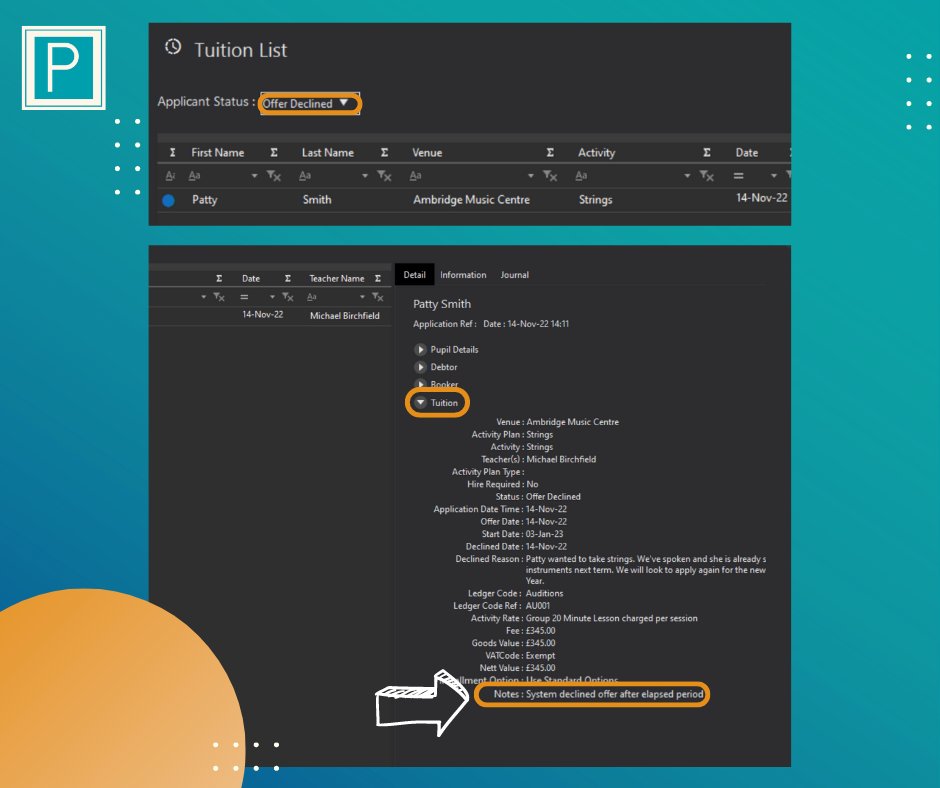 ParitorSoftware's tweet image. Tip Tuesday 🔎
Following on from last week, you can report on declined offers. ID those who declined, and those who failed to respond. Load up the Tuition List, Declined Status, and on the Tuition drop down see the reason in the Notes.

#tuitionadministrationsoftware #xperioscan