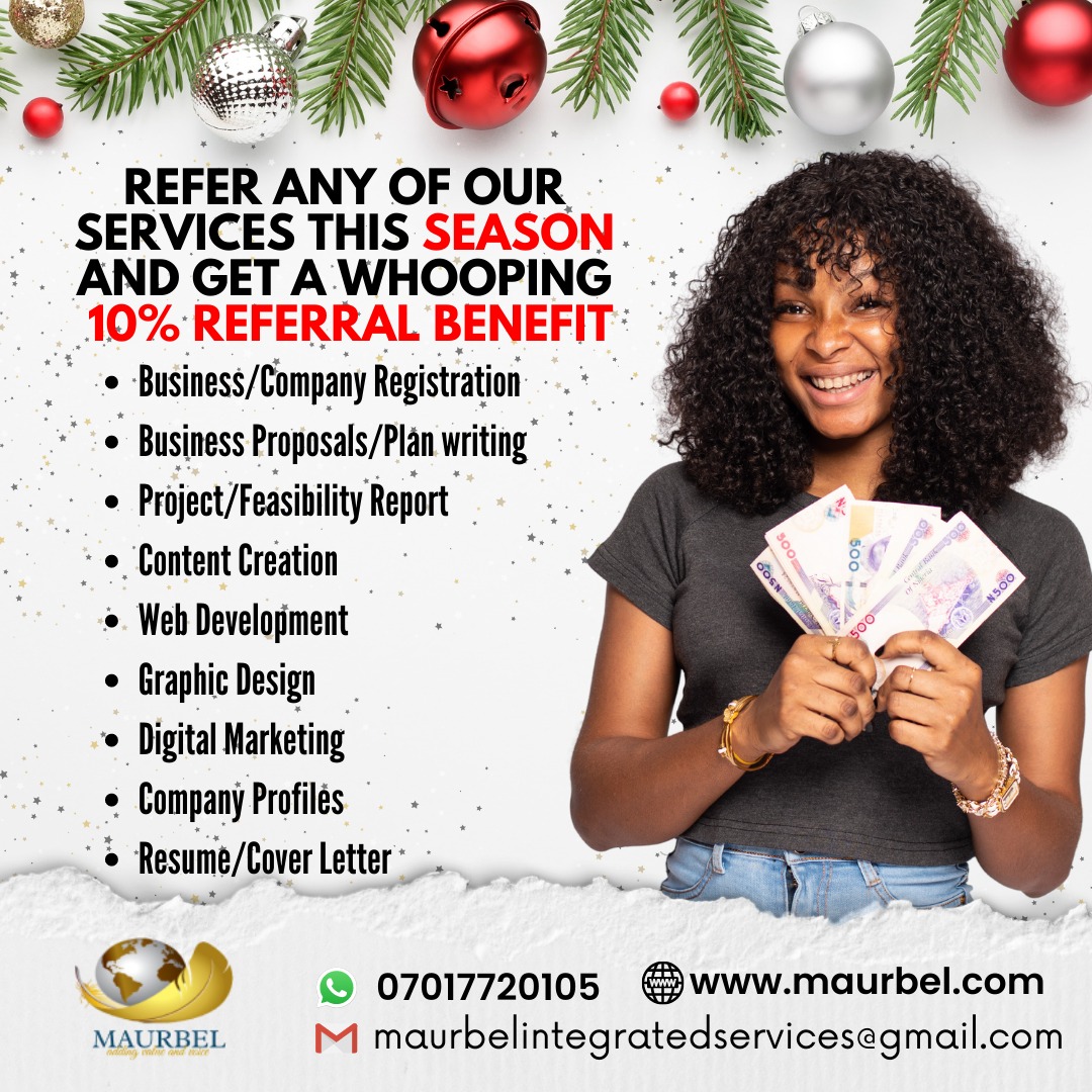 MaureenAbel6's tweet photo. Here's how not to go broke this December...👇

Get 10% comission when you refer our services to someone. 
You can send a DM let's discuss.

#knack PDP for Peter Obi Ahmed Tinubu Ned Nwoko https://t.co/pcPLBfodvP