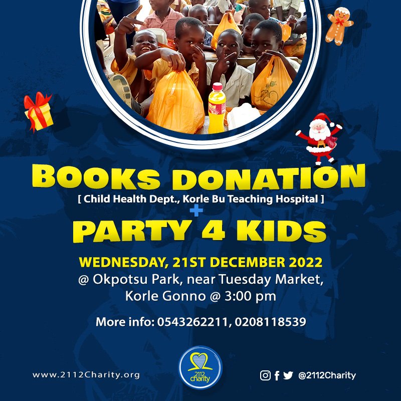This 21st December... 

BOOKS DONATION + PARTY 4 KIDS! 

See attached poster for details. 

#2112Charity #NonProfit #Charity #Party4Kids #Christmas #KorleGonno #Books #KorleBu

Powered by <a href="/2112Charity/">2112 Charity Foundation</a>
