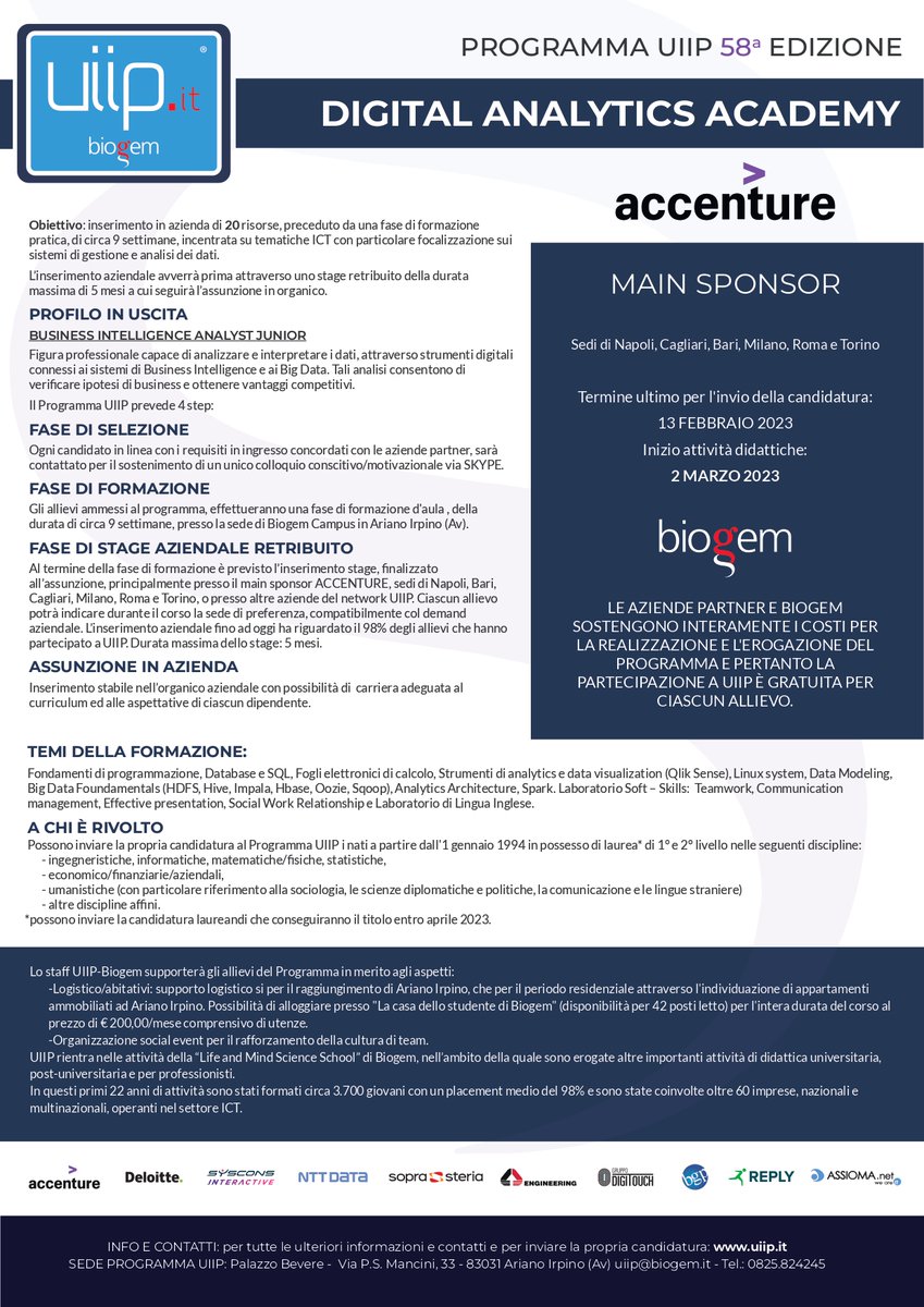 Aperti i bandi della 58° edizione del Programma UIIP! Opportunità di formazione e lavoro in ambito SAP e Digital Analytics per giovani laureati di 1° e 2° livello. Per info uiip.it