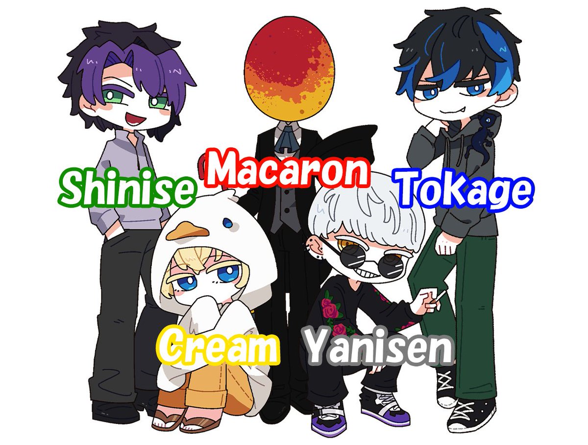 MacaronFunClub's tweet image. メンバーのMFC公式キャラデザを公開！

赤：まかろん(@macaron_mfc )

緑：しにせ(@Shinise3 )

黄：くりーむ(@Creamsyousa )

青：とかげ(@tokage_nekoko )

灰：ヤニセン(@yanisen1208 )

メンバーの紹介を随時更新していきますのでフォロー＆リツイートよろしくお願いいたします！

#MFC #まかクラ