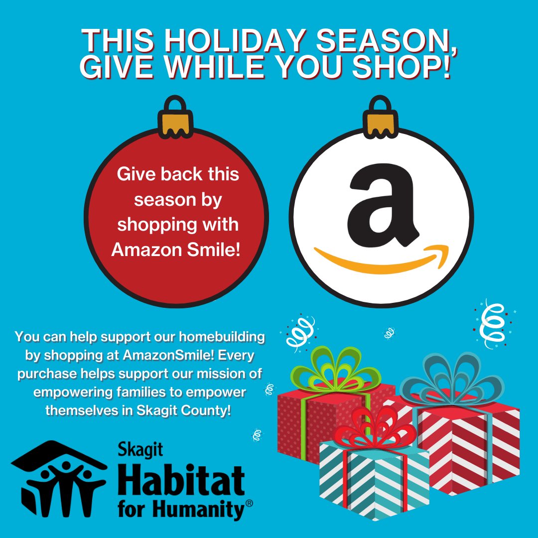 SHFHS's tweet photo. Give while you shop through #AmazonSmile 🎁 

Sign up at https://t.co/G8ppUuzoy9 &amp; select Skagit Habitat as your organization! 

AmazonSmile will donate 0.5% of your eligible purchases to Skagit Habitat for Humanity! 

#habitatforhumanity #skagithabitat #affordablehousing https://t.co/8SY5gAeh14