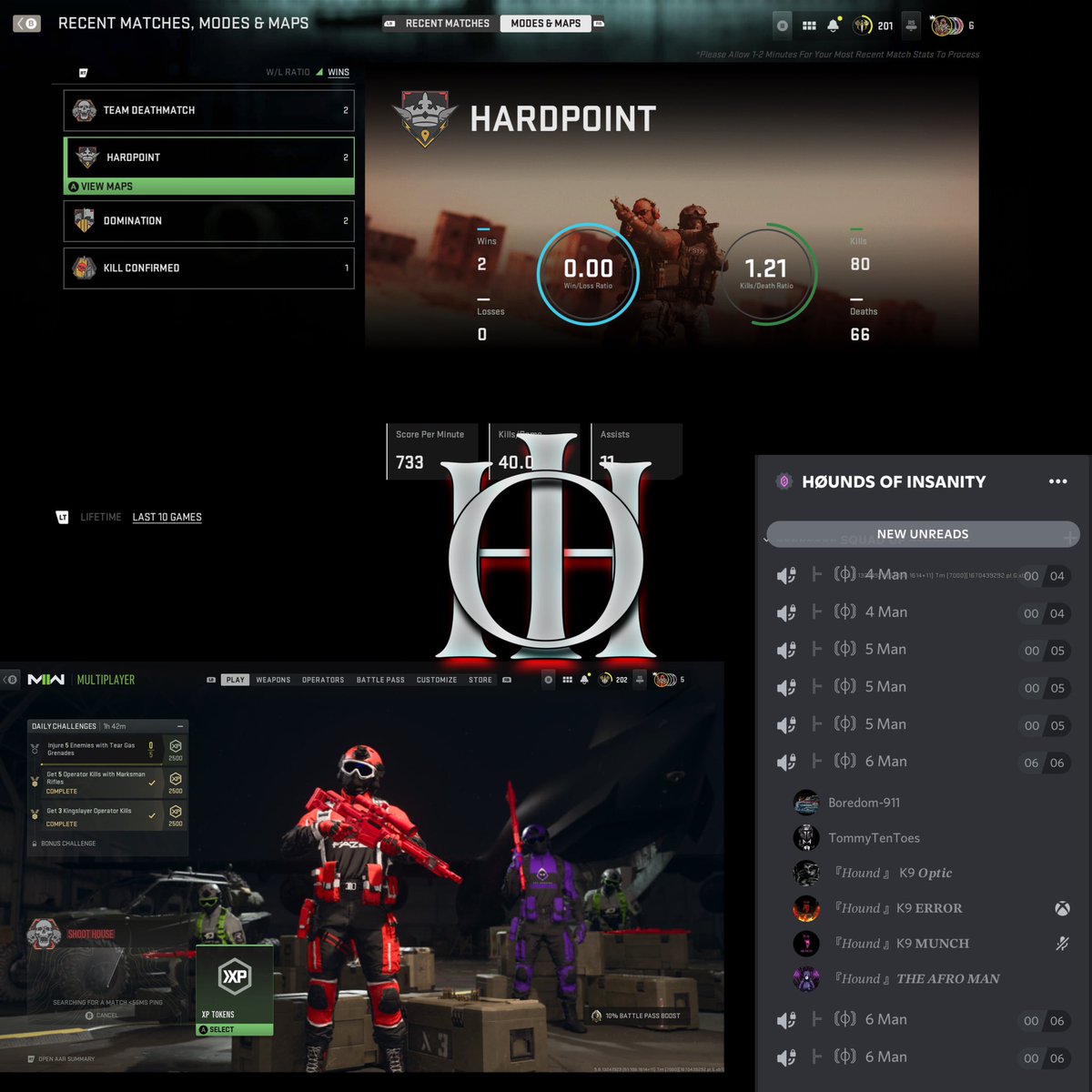 HOUNDSINSANITY's tweet photo. WOWβΌοΈ What a show out for tonight a couple team members and community members ran some lobbies tonight with a full 6 π₯ with a 8 game win streak π₯ #houndsofinsanity #gamenight #funtimes #mw2 https://t.co/VQznP3iZFz