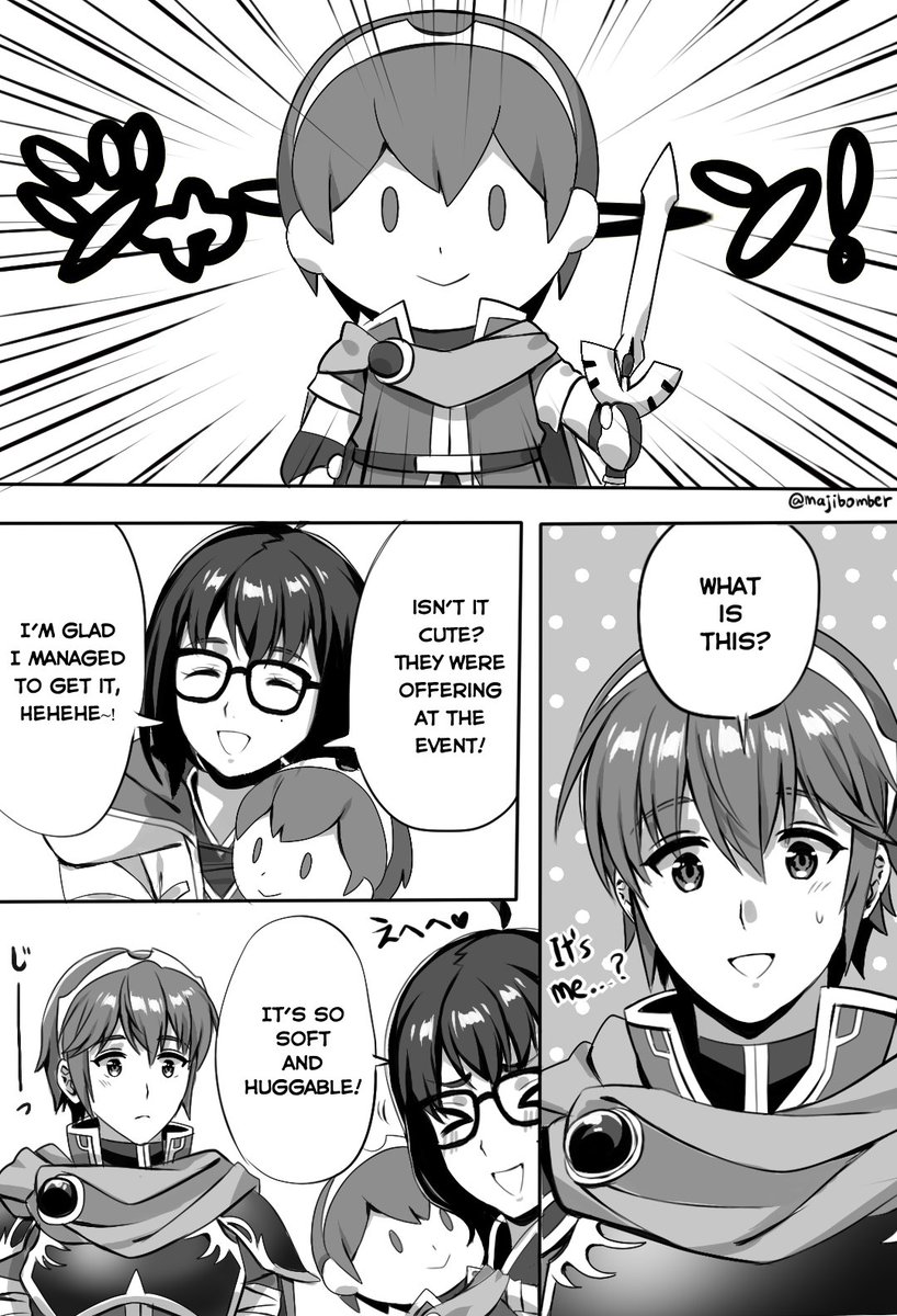 Small selfship comic to practice manga pages again, this time with grayscale instead screentones. I drew Marth/Maji content that no one asked for lol
The Marth plush from FEH is so cute! 