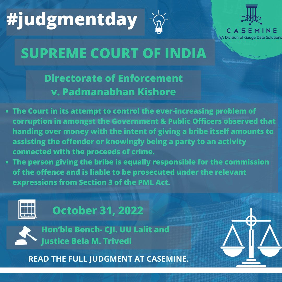 caseminelaw's tweet photo. The judgement for the week is "Directorate of Enforcement v. Padmanabhan Kishore."
You can view this judgement on CaseMine.
https://t.co/mJhKRwtV5g
#lawyers #lawyer #caseminelaw #casemine #supremecourt #courts #law #legaltech #legalresearch #research #indianlaw #lawstudent https://t.co/pzKlRCGJ8k