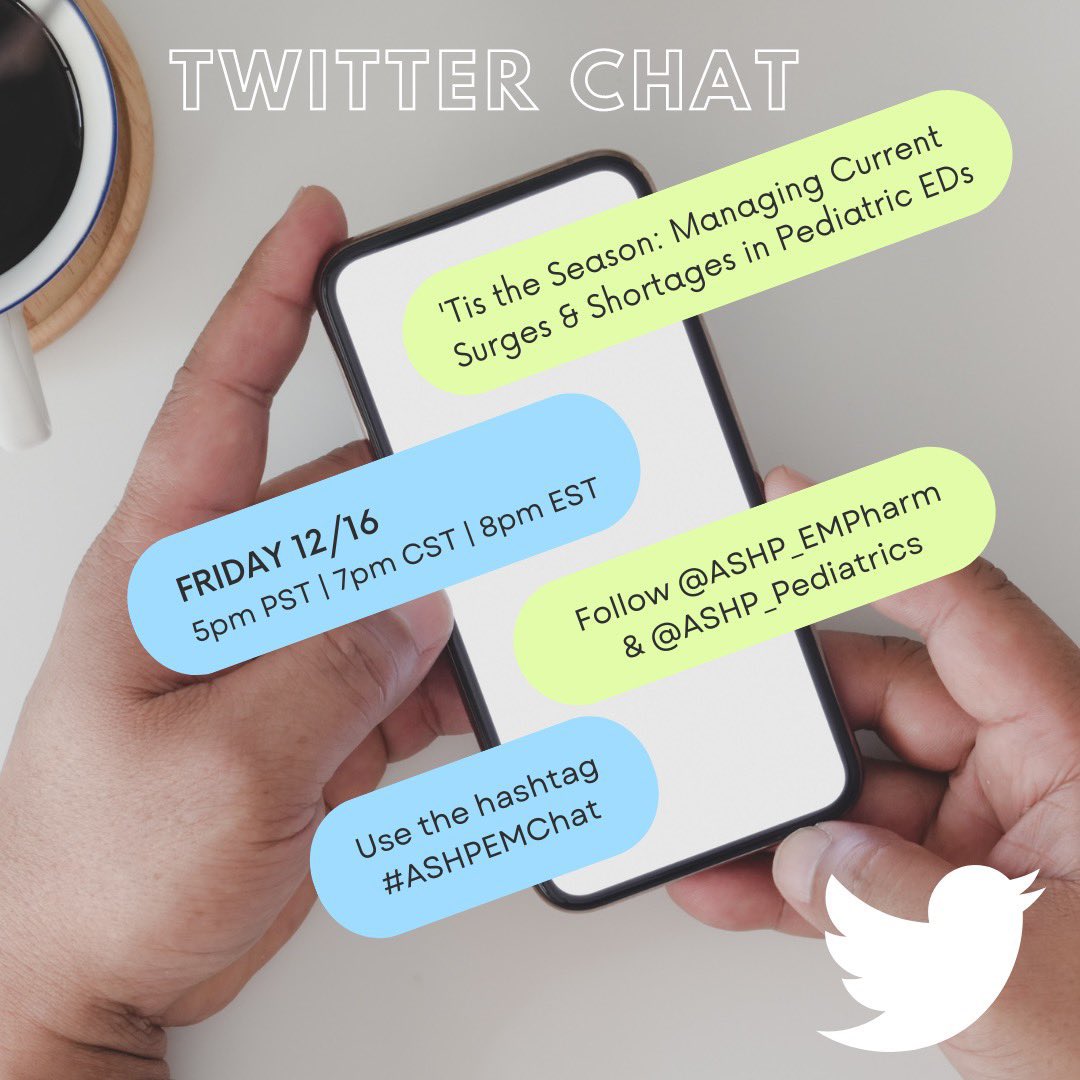 ASHP_Pediatrics's tweet photo. Counting down the days until this Friday for @ASHP_EMPharm’s ✨twitter chat✨on the current pediatric surge and mitigation of ongoing drug shortages!
Follow us and @ASHP_EMPharm and use hashtag #ASHPEMChat. See you 12/16 at 5pm PST/6pm MST/7pm CST/8pm EST! #twitteRx #pedsrx https://t.co/paLt5PXtLV