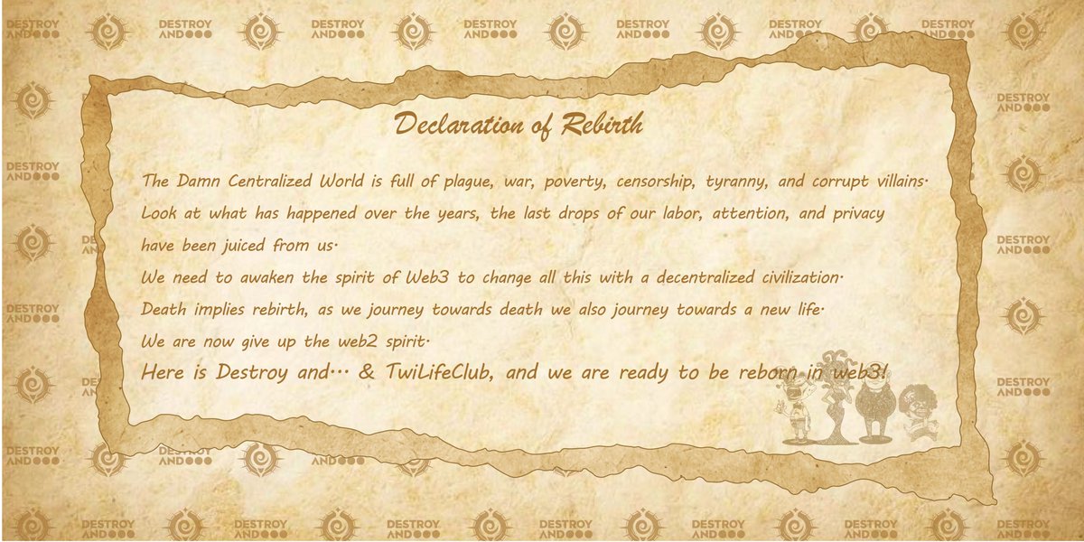 TwiLifeClub-Mint&Reborn Now (@twilifeclub) on Twitter photo We are happy to with accompanied by <a href="/destroyand_/">Destroy and...|Emergence-Where Dreams Land</a> on the rebirth web3 journey.
In Destroy and..., we talking about Destroy and Rebuild
In TwiLifeClub, we talking about Death and Rebirth
Here is TwiLifeClub and Destroy and... and we are ready to be reborn in web3. We are happy to with accompanied by <a href="/destroyand_/">Destroy and...|Emergence-Where Dreams Land</a> on the rebirth web3 journey.
In Destroy and..., we talking about Destroy and Rebuild
In TwiLifeClub, we talking about Death and Rebirth
Here is TwiLifeClub and Destroy and... and we are ready to be reborn in web3.
