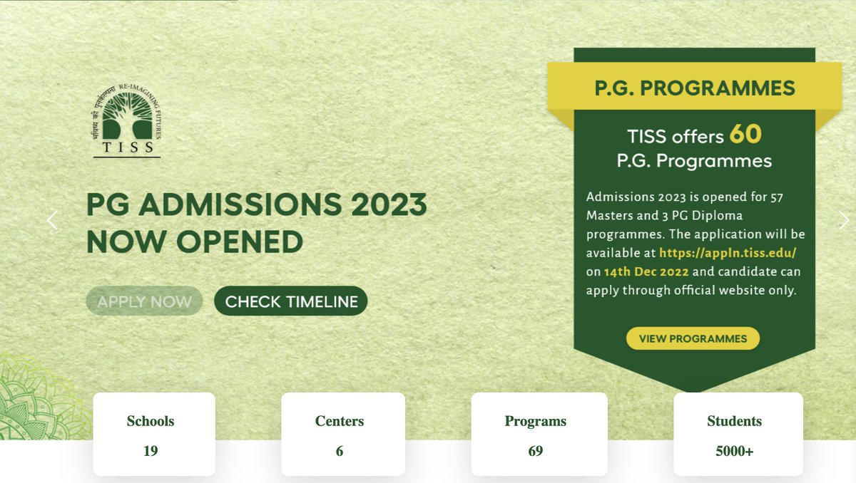 Jai Bhim! TISS has announced their application for PG admissions 2023. The application opens on 14th Dec 2022 and the deadline is 15th January 2023. Please do reach out to us for any related support. Thanks. For more admissions.tiss.edu/view/5/admissi…