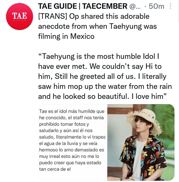 out_v95's tweet photo. Armys who met Taehyung recently:

"He's the most humble idol I have ever met"
"He was always worrying about armys"
"Even though they had forbidden him to say hi, he would always say hi to us"
"He enjoys his time with us"

#outV https://t.co/CX6KrVbPQV