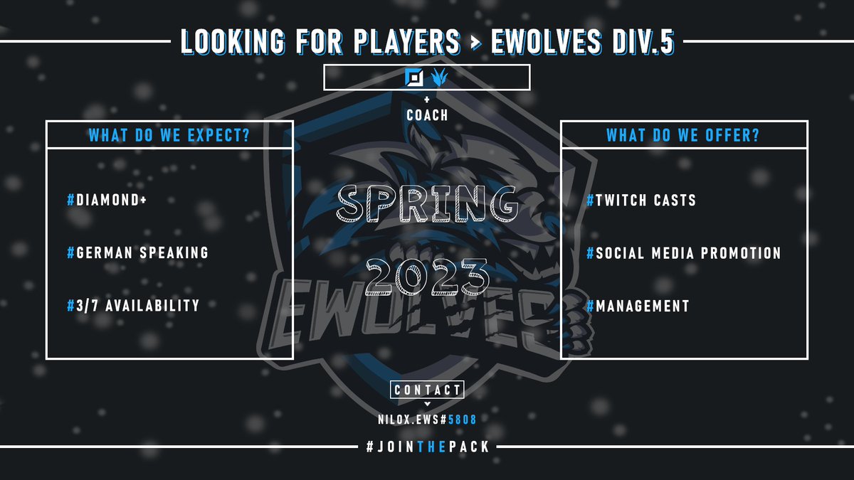 Auch für unser #StraussPrimeLeague Division 5 Team suchen wir aktuell noch Spieler 🔥

Ihr: 
- seid mindestens Diamond
- habt 3/7 Tage in der Woche Zeit
- seid Jungler oder Toplaner

Dann melde dich bei @N1L0_X auf Discord unter: Nilox.EWS#5808 ⚔️

#JoinThePack🐺 <a href="/lft_prime/">Prime League LFT</a>