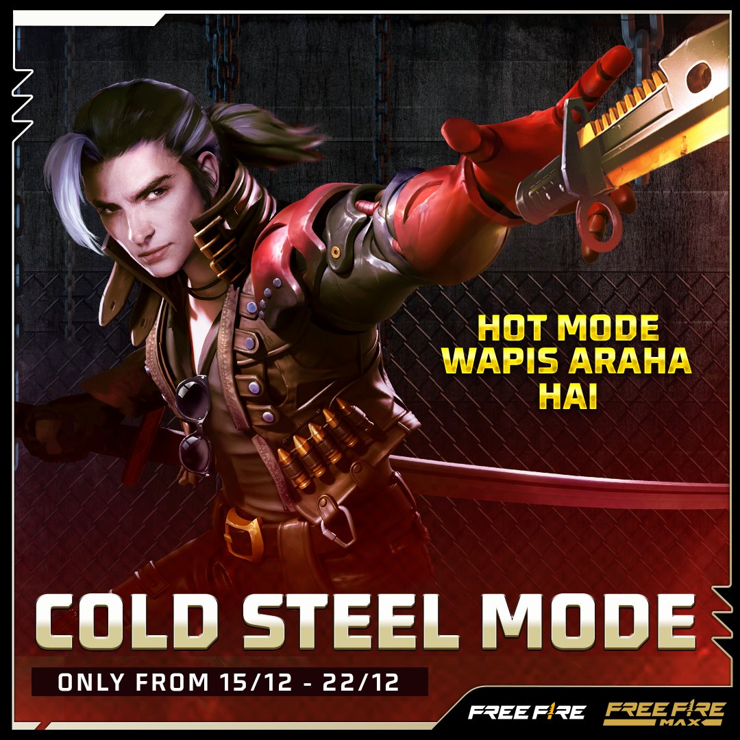 FreefirePkyt's tweet photo. Apne blades karlo sharp aur ho jao ready kyun ke Cold Steel ka cool mode game main wapis araha hai! 🔪🔥

Comments main drop karain ek emoji aur batain humain apni excitement. https://t.co/H55nMCCdYz