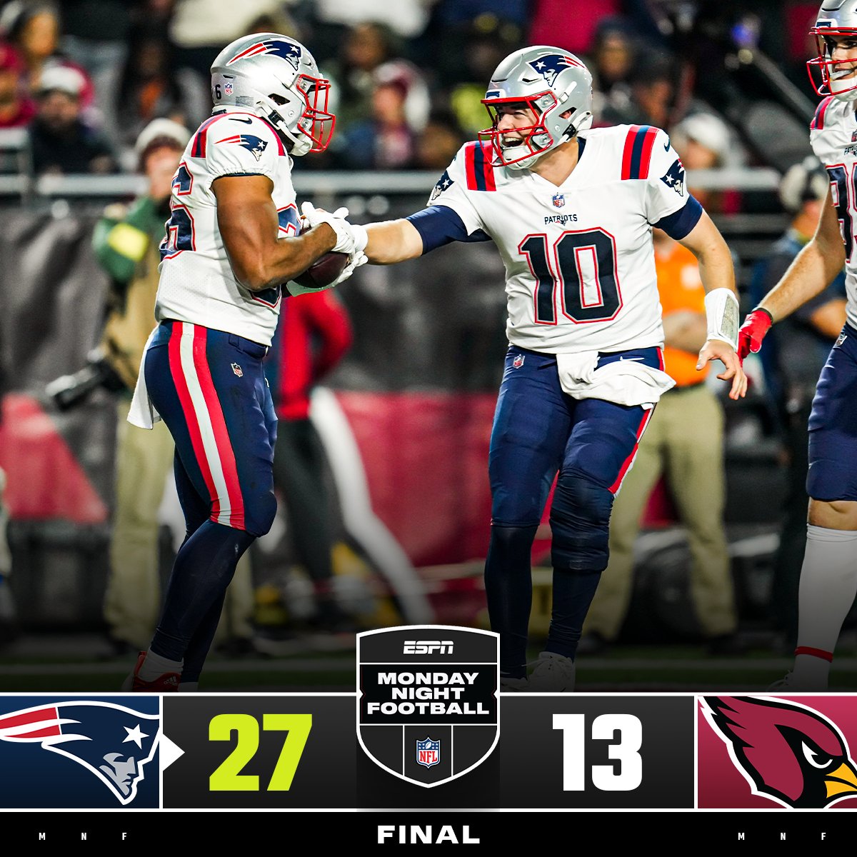 NFL on X: FINAL: The @Patriots improve to 7-6! #NEvsAZ   / X