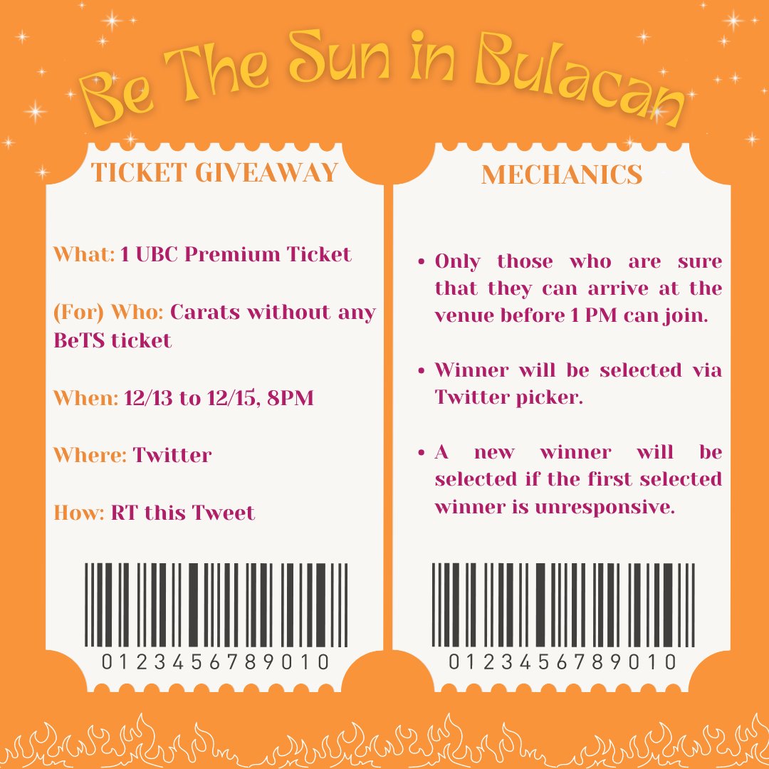 Seventeen Be The Sun in Bulacan Giveaway🎫🎁
🎄 1 Upper Box C Premium Ticket
🎄 Open only for Carats w/o any BeTS in Bulacan ticket. 
🎄 On D-day, the winner must arrive at the venue on or before 1 PM.
🎄 GA Period: Dec 13, 1 PM-Dec 15, 8 PM
🎄 RT this Tweet.

#BeTSinBULACAN