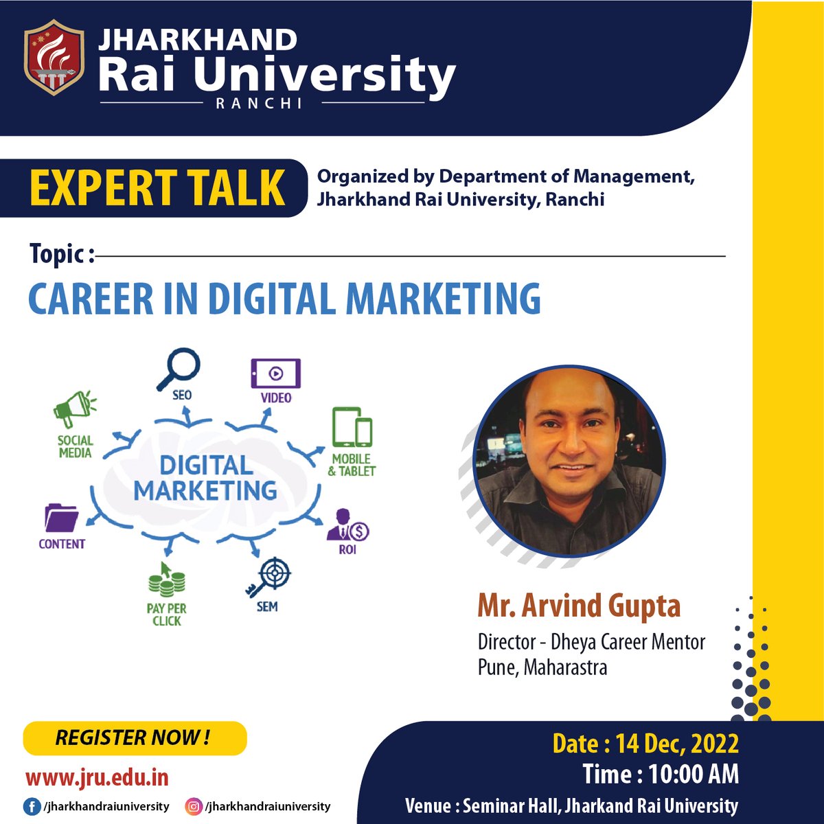 JhRaiUniv's tweet photo. Expert Talk on CAREER IN DIGITAL MARKETING
by Department of Management, Jharkhand Rai University, Ranchi
#digitalmarketing #experttalk https://t.co/EhuiVhqIGr