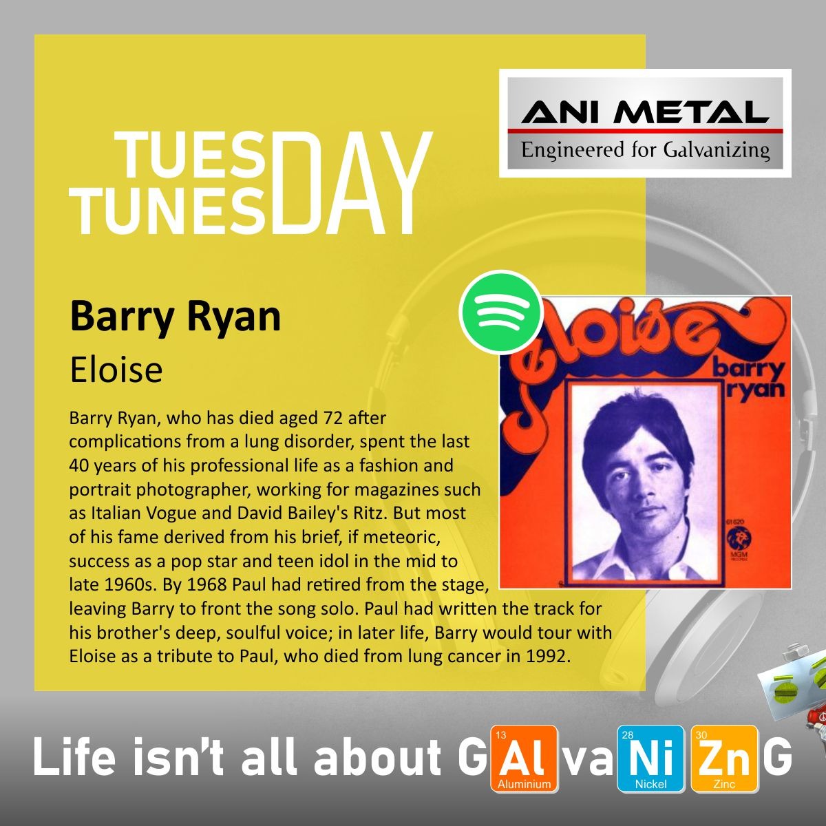 ANIMETAL5's tweet image. Tuesday / Tunesday

Barry Ryan
Eloise 

Listen on Spotify: open.spotify.com/track/6z9XVXX8…

Life isn’t all about gALvaNiZnG

#ANImetal #lifeisntallaboutgalvanizing #BarryRyan #Eloise