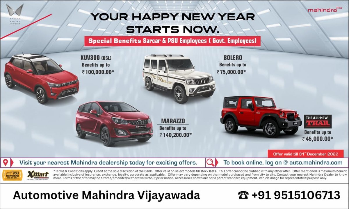 AmplVijayawada's tweet photo. THIS FESTIVE SEASON, DRIVE HOME WITH YOUR MAHINDRA SUV.
Attractive benefits for Govt Employees
for Bookings & more info Contact - โ๏ธ 9515106713
Hurry and Grab, Offers are valid till 31st Dec'22
#automotivemahindraap #Offers2022 #MahindraBoleroNeo #Marazzo #Bolero #XUV300 https://t.co/tiSXrS6rQr