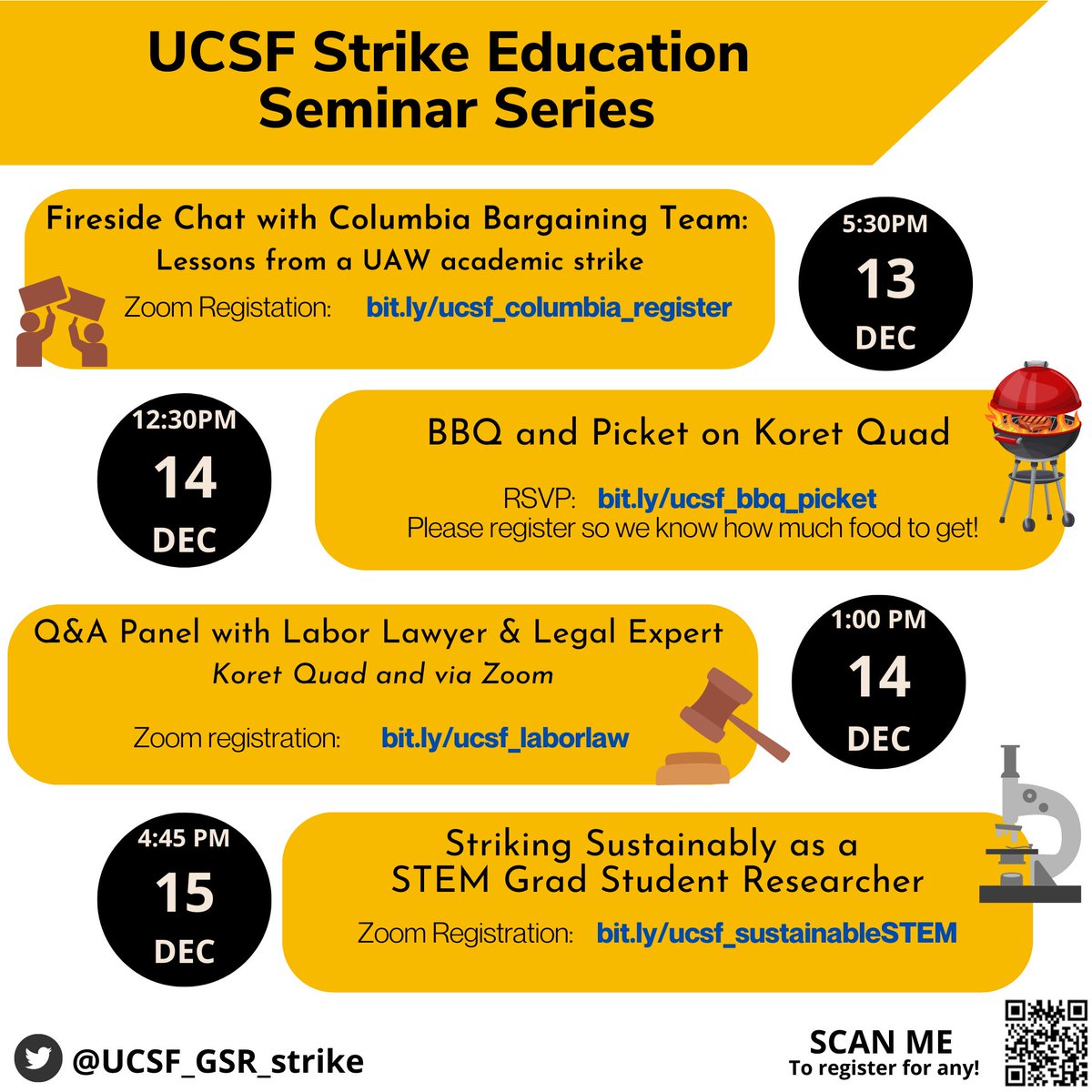 UCSF_GSR_strike's tweet photo. With GSRs/TAs in voluntary mediation, there’s lots of new info, but don’t be afraid!

Join us in a seminar series starting Tuesday!

Learn about:
✅ how bargaining &amp; mediation works
✅how did a higher ed strike work at Columbia
✅how can we win a strong contract as GSRs/STEM GSRs https://t.co/tDaEQ8Q9ia