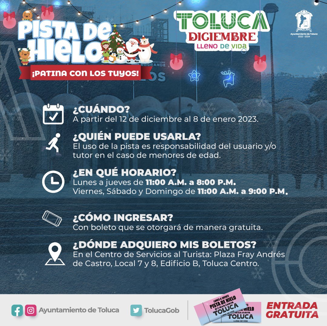 ⛸️ Disfruta nuestra pista de hielo frente al Teatro Morelos y vive con nosotros una #TolucaLlenaDeVida. ❄️🎄

Acude por tus boletos son totalmente GRATIS: 🎟️
📍 Centro de Servicios al Turista, Plaza Fray Andrés de Castro, Local 7 y 8, Edificio B, Toluca Centro.