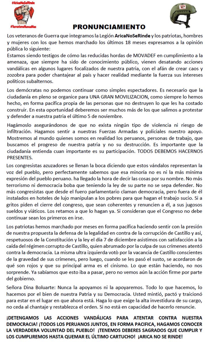 La presidente Dina Boluarte debe asumir su rol como la Presidente de la República. No ceder ante el chantaje de extremistas y restablecer el principio de autoridad. No a acatar la voluntad de azuzadores cuyo único logro es saber manipular a personas humildes y generar violencia!