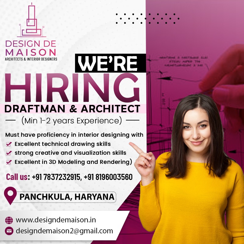 We are hiring! 
Job Profile- Draftsmen and Architects
Experience required- 1-2 years
Contact us to learn more.

#hiring #hiringnow #hiringarchitects #architecture #draftsman #designdemaison