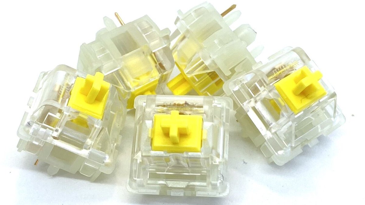 TalpKeyboard's tweet photo. JWK JWICK イエローリニアスイッチ（クリア/5ピン/65g/5個）
¥200 税込
再入荷です。前回より50円値下げしました。トップケースにクリア素材、ボトムケースにナイロン、ステムにPOMを使ったリニアスイッチです。バネは65g、ファクトリールブがされています。#JWK #JWICK
https://t.co/LRokl0MrM3 https://t.co/aL5QjT9xjF