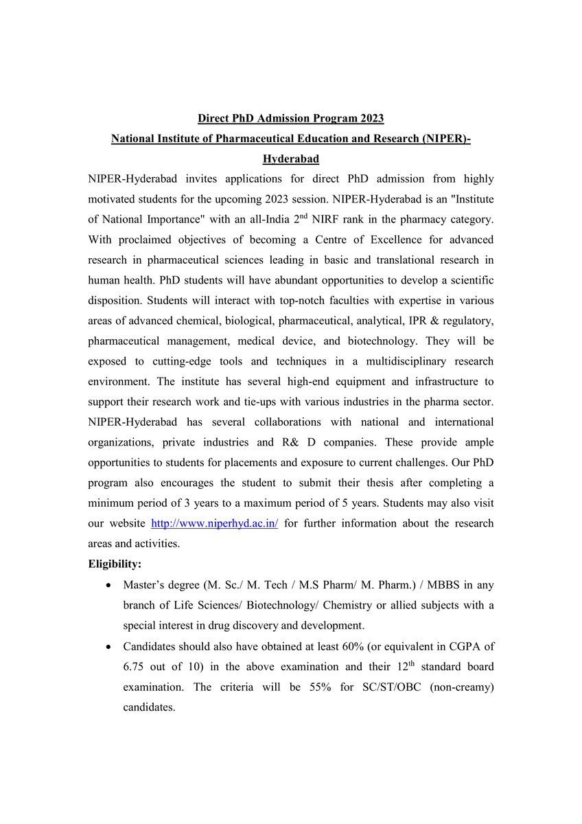 NIPERHyd's tweet photo. #DirectPhD Admission Program 2023
@NIPERHyd invites applications for direct #PhD admission
Students will interact with faculties with expertise in #chemical #biological #pharmaceutical #analytical #IPR & #regulatory #pharmaceuticalmanagement #medicaldevices & #biotechnology https://t.co/fCuWJm1CMG