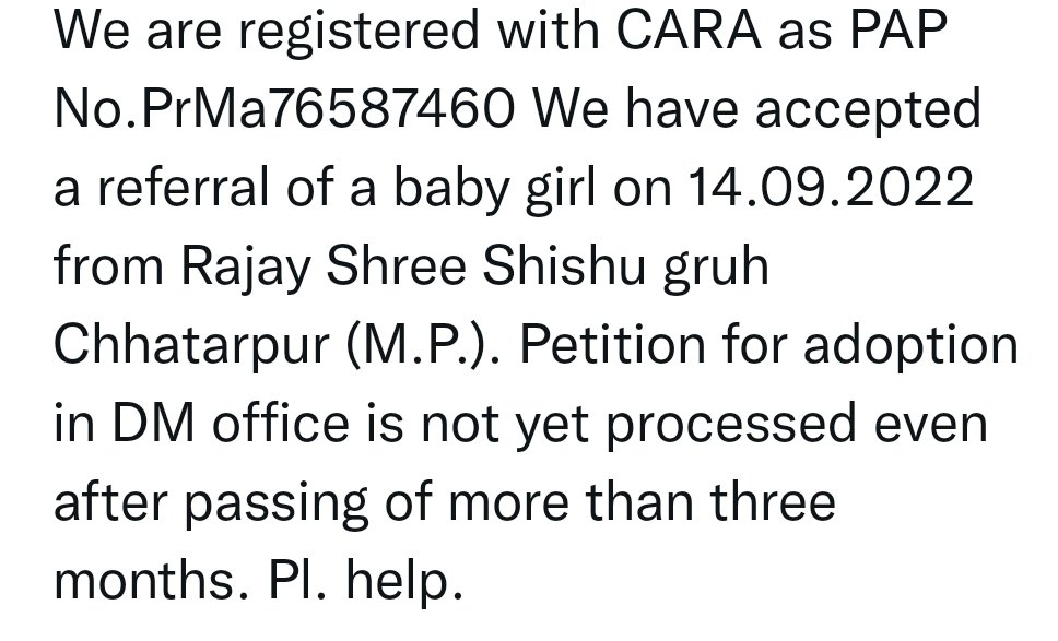 <a href="/collchhatarpur/">Collector Chhatarpur</a> <a href="/grsandeepias/">Sandeep GR</a> <a href="/ChouhanShivraj/">Shivraj Singh Chouhan</a> <a href="/CARAWCD/">Central Adoption Resource Authority, MWCD, GOI</a> <a href="/MinistryWCD/">Ministry of WCD</a> <a href="/mp_wcdmp/">Women & Child Development Department, MP</a> <a href="/CMMadhyaPradesh/">Chief Minister, MP</a>