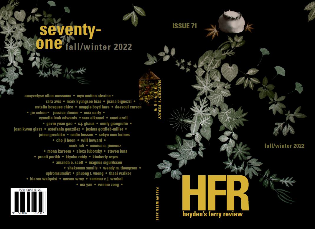 It's time for a cover reveal!!! Here's a glimpse of Issue 71 with cover art by Rara Avis!

PREORDER here: haydens-ferry-review.asu.edu/issue-71-fallw…