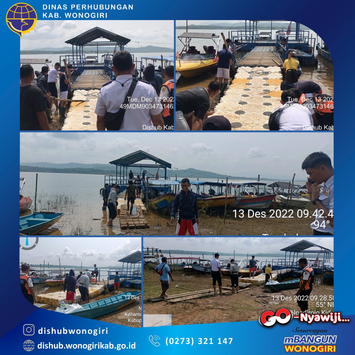 Giat penggeseran dermaga ponton, rmh kapal, gangway, jembatan ponton, &amp; pengecekan rambu air di Objek Wisata Waduk Gajah Mungkur oleh ptgs seksi LLASDP Dishub Wonogiri. (13/12)
#wonogiri
#bupatiwonogiri
#pakjekek
#jokosutopo
#gonyawiji
#sesarenganmbangunwonogiri
#dishubwonogiri