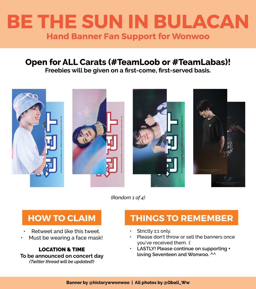 historywwonwoo's tweet photo. #BETHESUNinBULACAN #BETSinBulacan

✨Giveaway/Freebies✨

- Wonwoo Hand Banner (Random 1 of 4 designs)
- Limited quantity only
- Open for everyone (#TeamLoob or #TeamLabas)

Check the attached image for details. 

See you all! 😁💎

[All photos by @QBall_Ww ♥] https://t.co/hVm3jDiqY0
