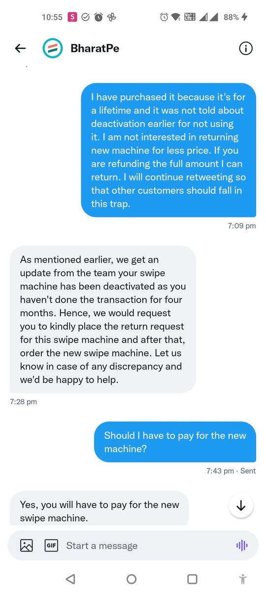 sphosur's tweet image. Reminder 3:- @bharatpeindia #swipemachine  is not worth buying. They might deactivate your machine for no reason. Please see the reply below from them. Please avoid buying it. My new machine has to be dumped for their profits.