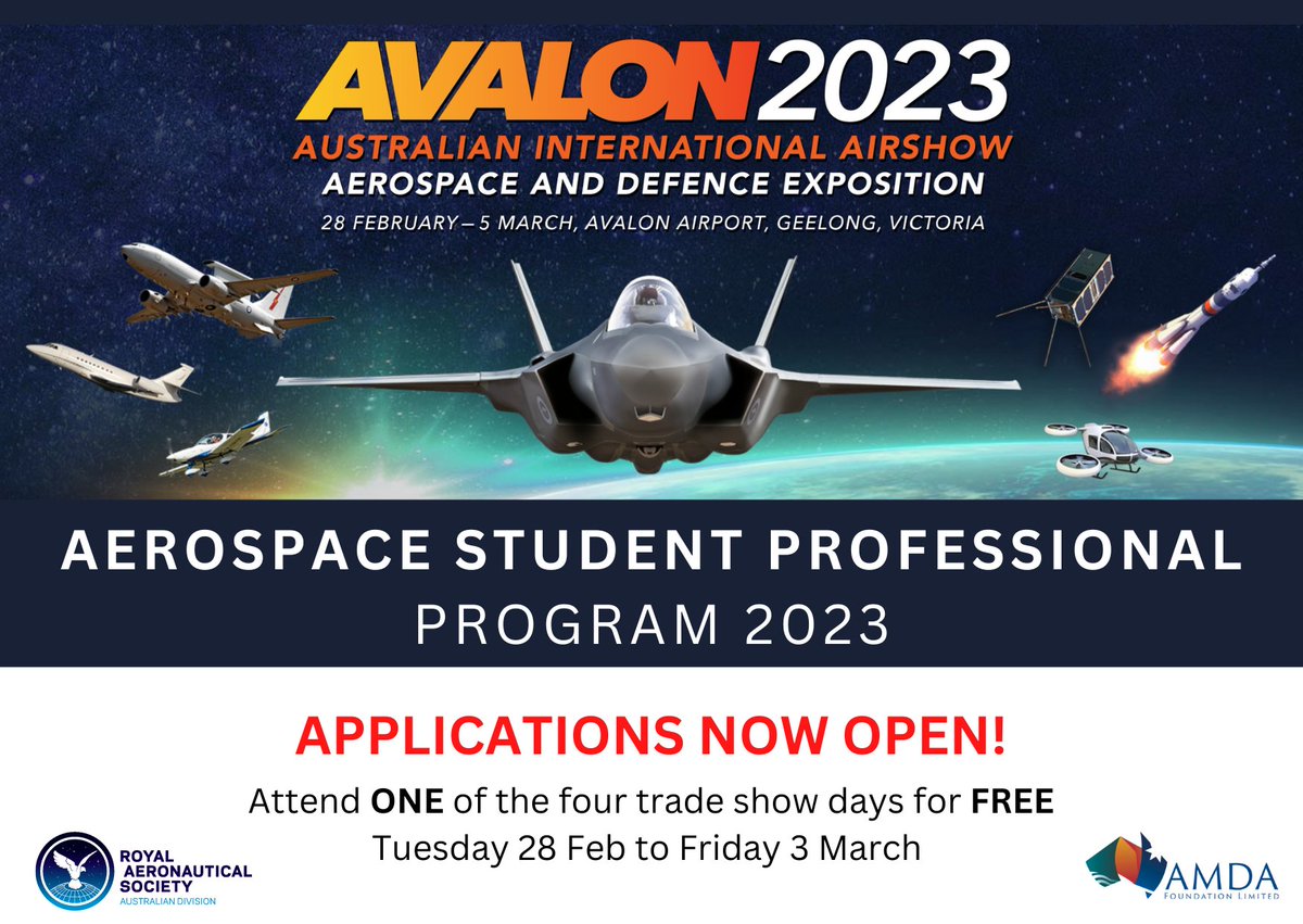 #Aviation &amp; #aerospace students don't miss your chance to attend ONE of the FOUR TRADE DAYS at AVALON2023 for FREE!

Meet &amp; network with industry, ask questions, learn more about the future of aerospace in Australia.

#ASPAvalon2023 #AVALON2023 #RAeS #Aviationcareers