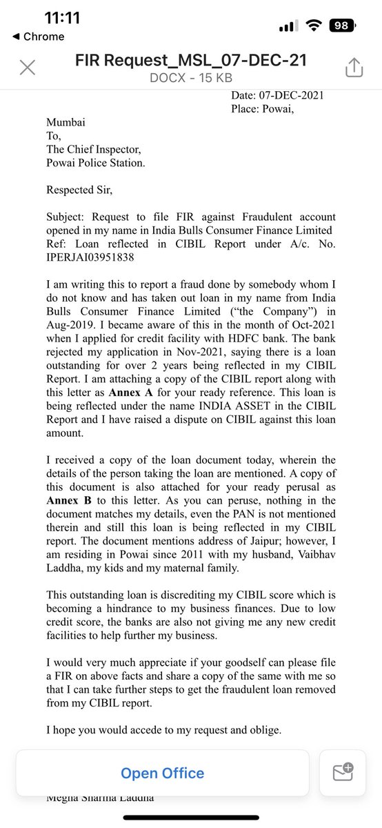 Trying to file an FIR for months regarding a wrongful loan that was sanctioned by <a href="/indiabullsfoun/">Indiabulls Foundation</a> in my name. Details in the loan application are incorrect,Powai Police Station keeps asking me to go to Dadar and vice versa.<a href="/DGPMaharashtra/">महाराष्ट्र पोलीस - Maharashtra Police</a> <a href="/MumbaiPolice/">मुंबई पोलीस Mumbai Police</a>  <a href="/CMOMaharashtra/">CMO Maharashtra</a> <a href="/RBI/">ReserveBankOfIndia</a>