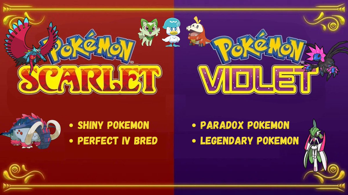 Pokémon For Sale!
#PokemonScarlet &amp; #PokemonViolet 

Get any Pokémon in each game for only $4!
•Shiny Pokémon
•Rare Pokémon
•IV Bred Pokémon
•Paradox Pokémon
•Legendary Pokémon

Send us a DM for our order forms☺️

#PokemonScarletViolet #Pokemon

(Also BDSP &amp; Legends: Arceus)