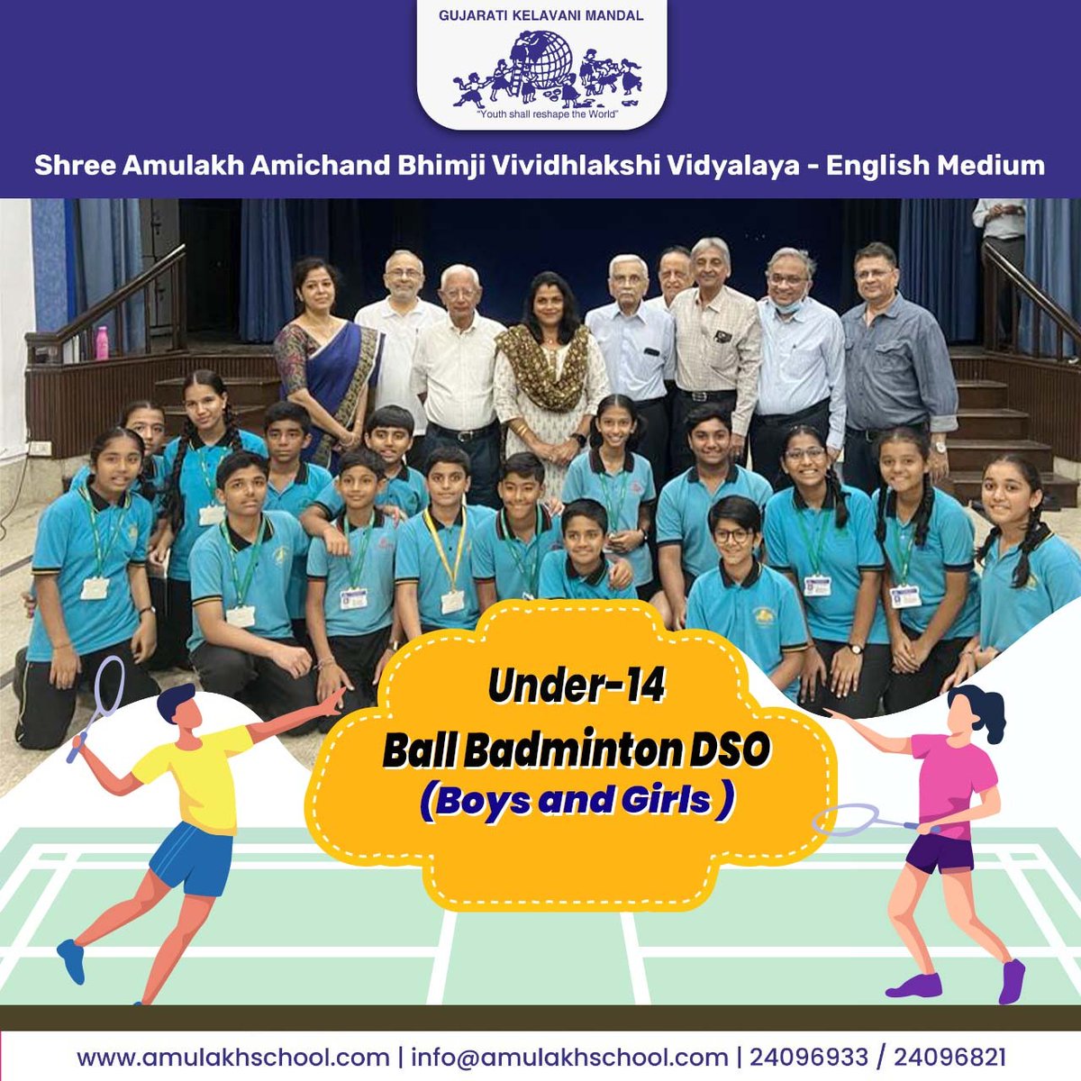 GkmSchools's tweet photo. The Under-14 Boys team of Shree Amulakh Amichand Bhimji Vividhalakshi Vidyalaya English Medium has stood second place at the district level (DSO) ball badminton on 24/11/2022. https://t.co/Nujg4II0Nn