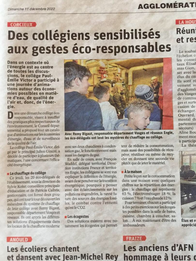 Pour mieux comprendre l’efficacité énergétique, 20 écodélégués du collège de Corcieux dans les Vosges ont visité la chaufferie de leur établissement fraîchement rénovée par <a href="/ENGIEsolutions/">ENGIE Solutions</a>. Ils ont également perfectionné leurs ecogestes avec <a href="/ApprendsEnergie/">J'apprends l'Energie</a>. <a href="/acnancymetz/">Académie de Nancy-Metz</a>