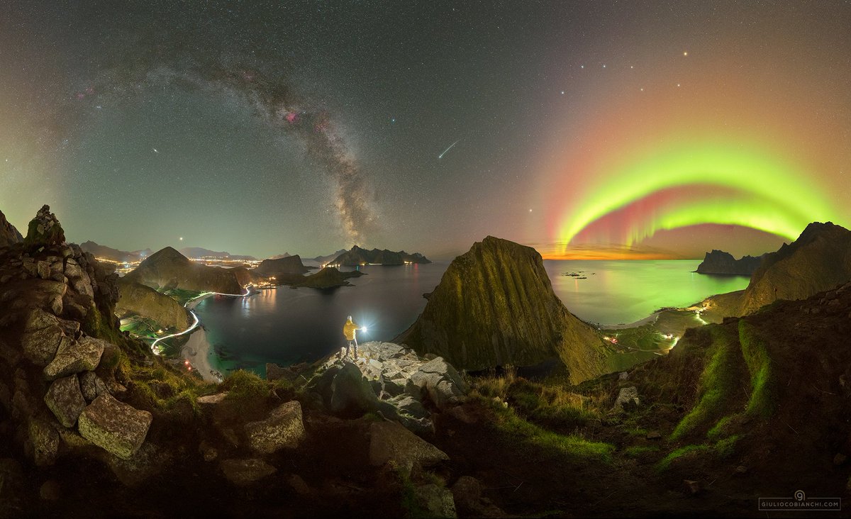 EricLagadec's tweet photo. Une nuit exceptionnelle en Norvège, racontée en une image composite : la Voie Lactée, une aurore boréale, un météore, la galaxie d'Andromède, Jupiter et la grande Ourse! https://t.co/Yv0GOsjzBM