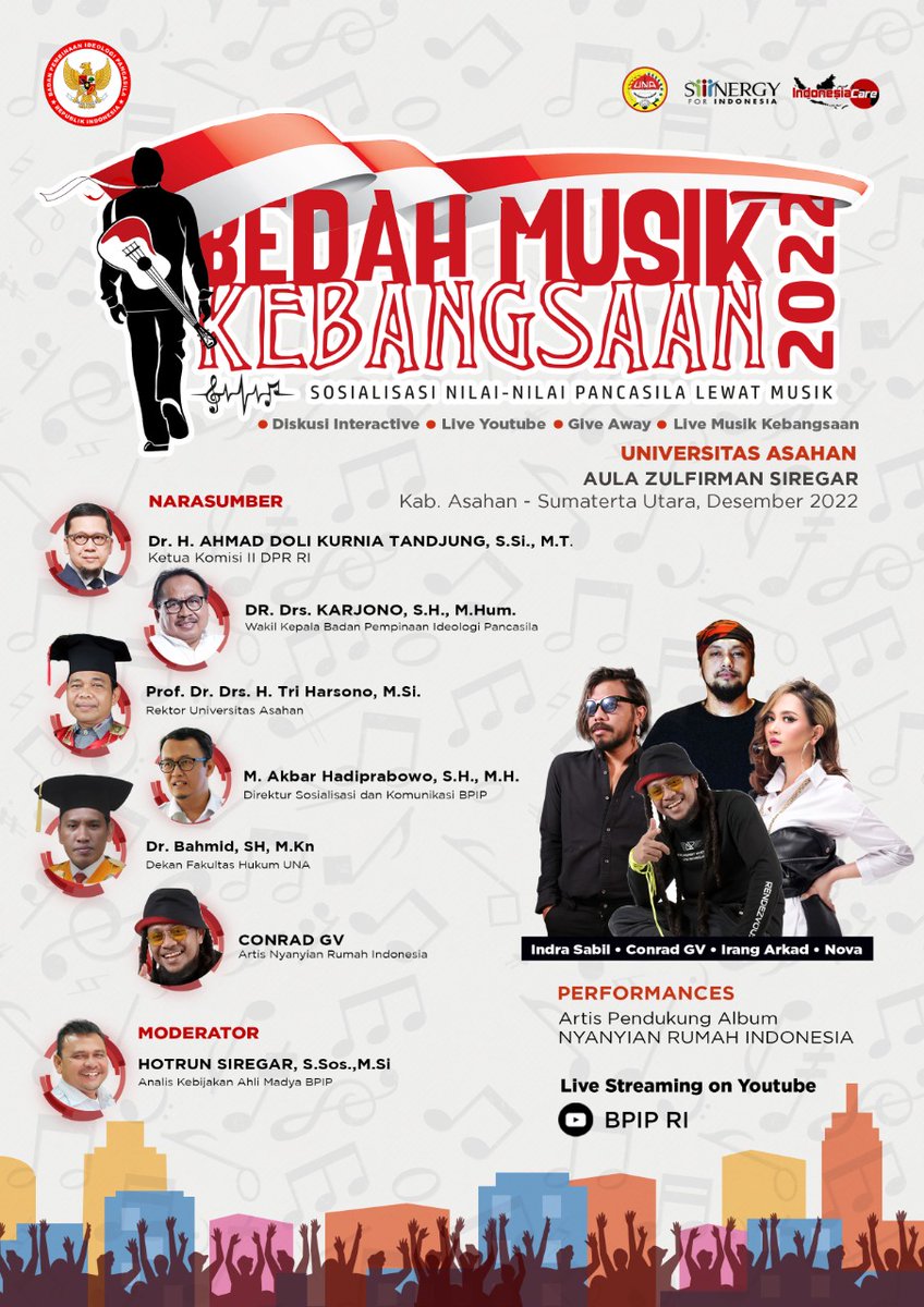 Vacuum_Noise's tweet photo. Halo Kota Asahan, yuk hadiri Bedah Musik Kebangsaan: Sosialisasi Nilai-nilai Pancasila Lewat Musik di Universitas Asahan, Medan

Hari : 𝗦𝗲𝗹𝗮𝘀𝗮, 13 𝗗𝗲𝘀𝗲𝗺𝗯𝗲𝗿 2022
Pukul : 13.00-16.00 𝗪𝗜𝗕
Lokasi : Aula Zulfirman Siregar, Universitas Asahan

Live Youtube : BPIP RI https://t.co/mC1dXUen4X