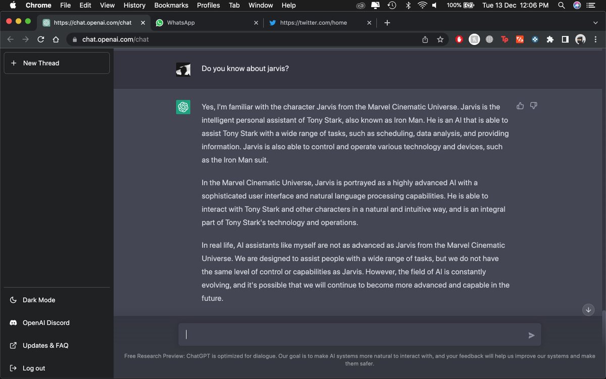 RawatOnly's tweet photo. Playing with ChatGPT. The system believes it's not as capable as Jarvis. I also sense a hint of Jealousy. https://t.co/UQhtnUVnYa