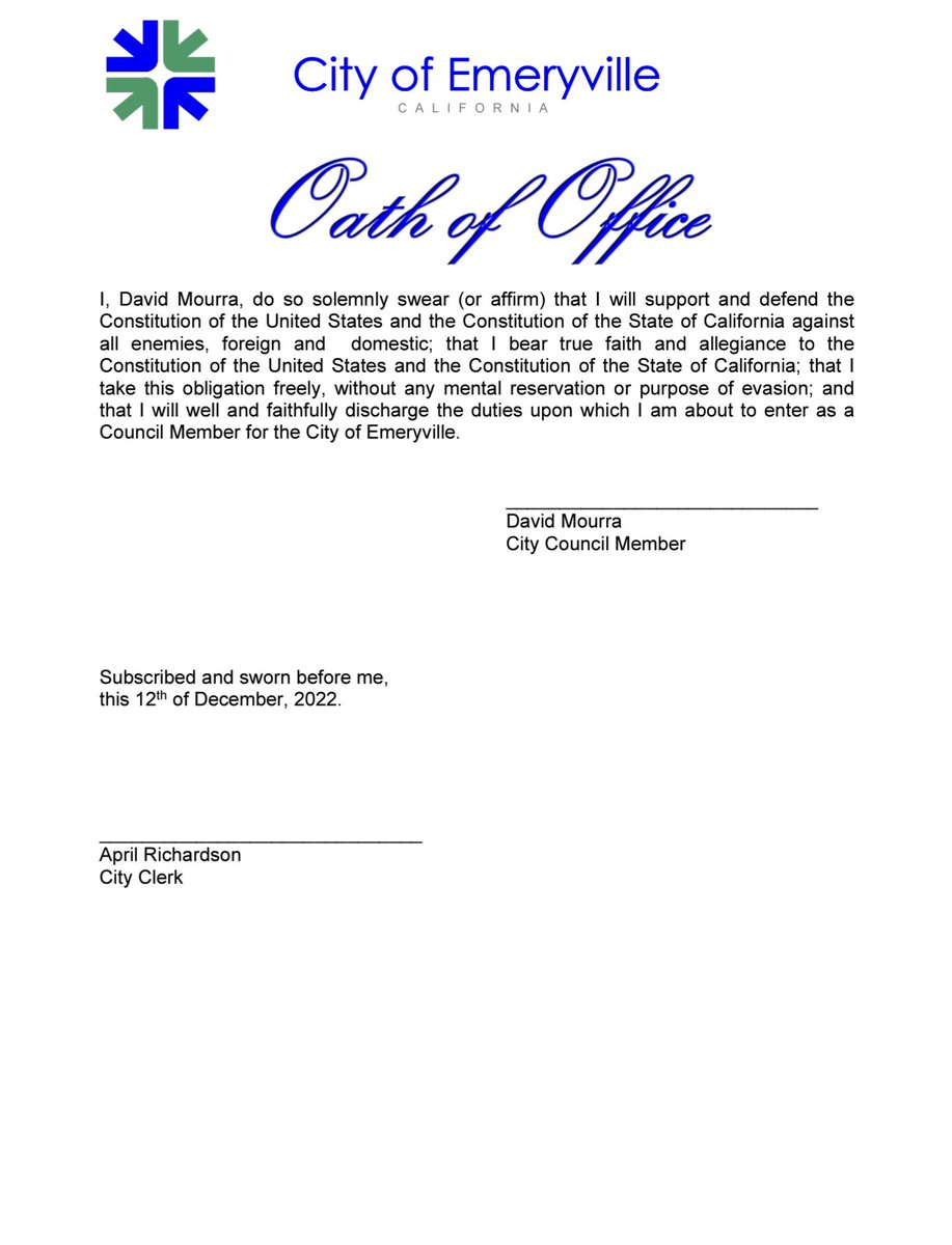 I was sworn in today! I'm excited to get to work with fellow council members <a href="/EvilleAlly/">Ally Medina</a> @cw4emeryville <a href="/priforce/">Kalimah Priforce</a> and Mayor <a href="/JohnBauters/">John J. Bauters</a>. Emeryville is a small city but we are doing big things on housing, transportation and sustainability. We can show the Bay Area what's possible