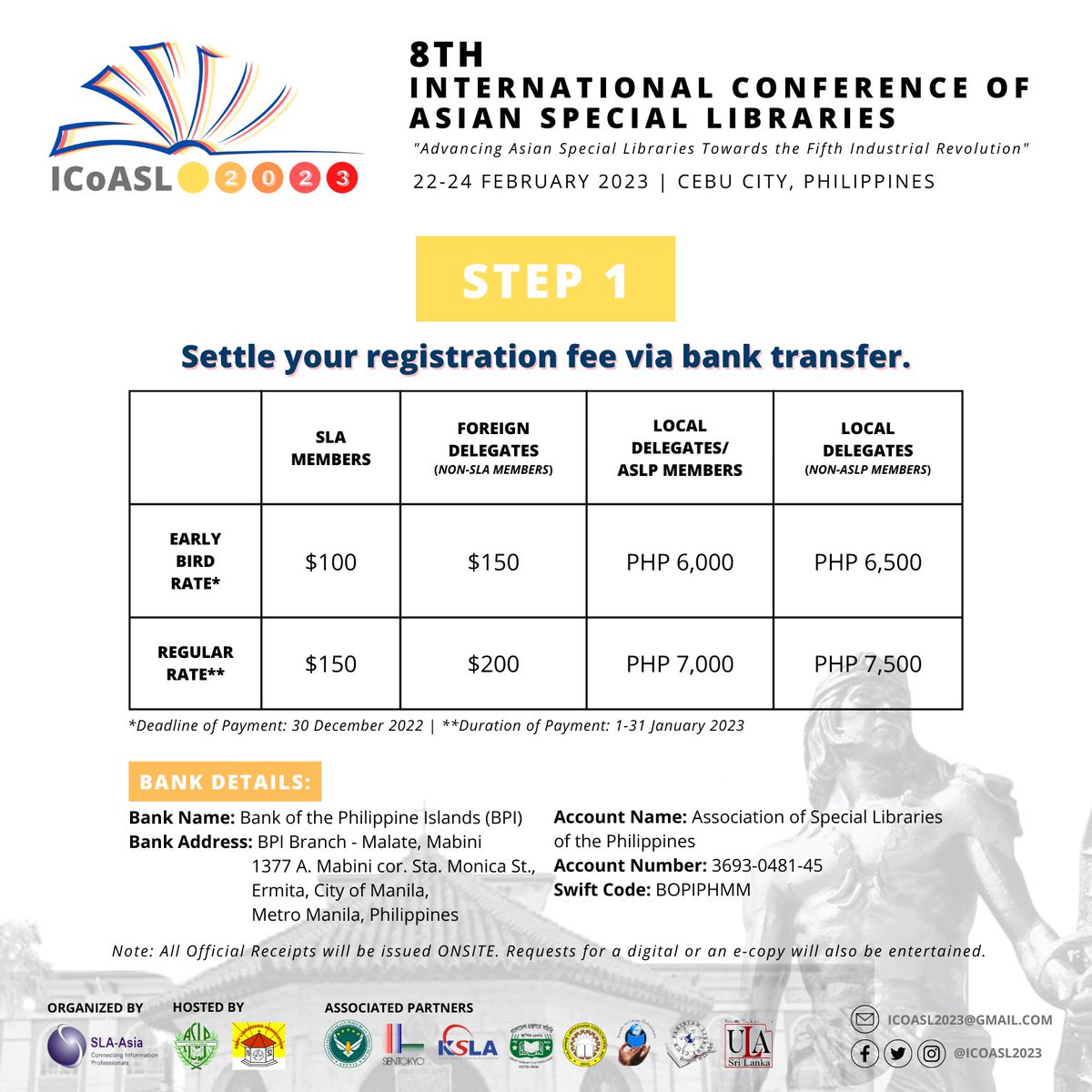 ICoASL2023's tweet photo. Calling all future #ICoASL2023 delegates! 📢
Easy as 1-2-3, here is the 𝐂𝐎𝐌𝐏𝐋𝐄𝐓𝐄 𝐑𝐄𝐆𝐈𝐒𝐓𝐑𝐀𝐓𝐈𝐎𝐍 𝐏𝐑𝐎𝐂𝐄𝐃𝐔𝐑𝐄 in joining #ICoASL2023Philippines on February 22-24, 2023 in Cebu City.

‼️ NO MORE PRE-REGISTRATION ‼️

Learn more 📌 https://t.co/oWwMcatIoH https://t.co/WFgNC1wTZs