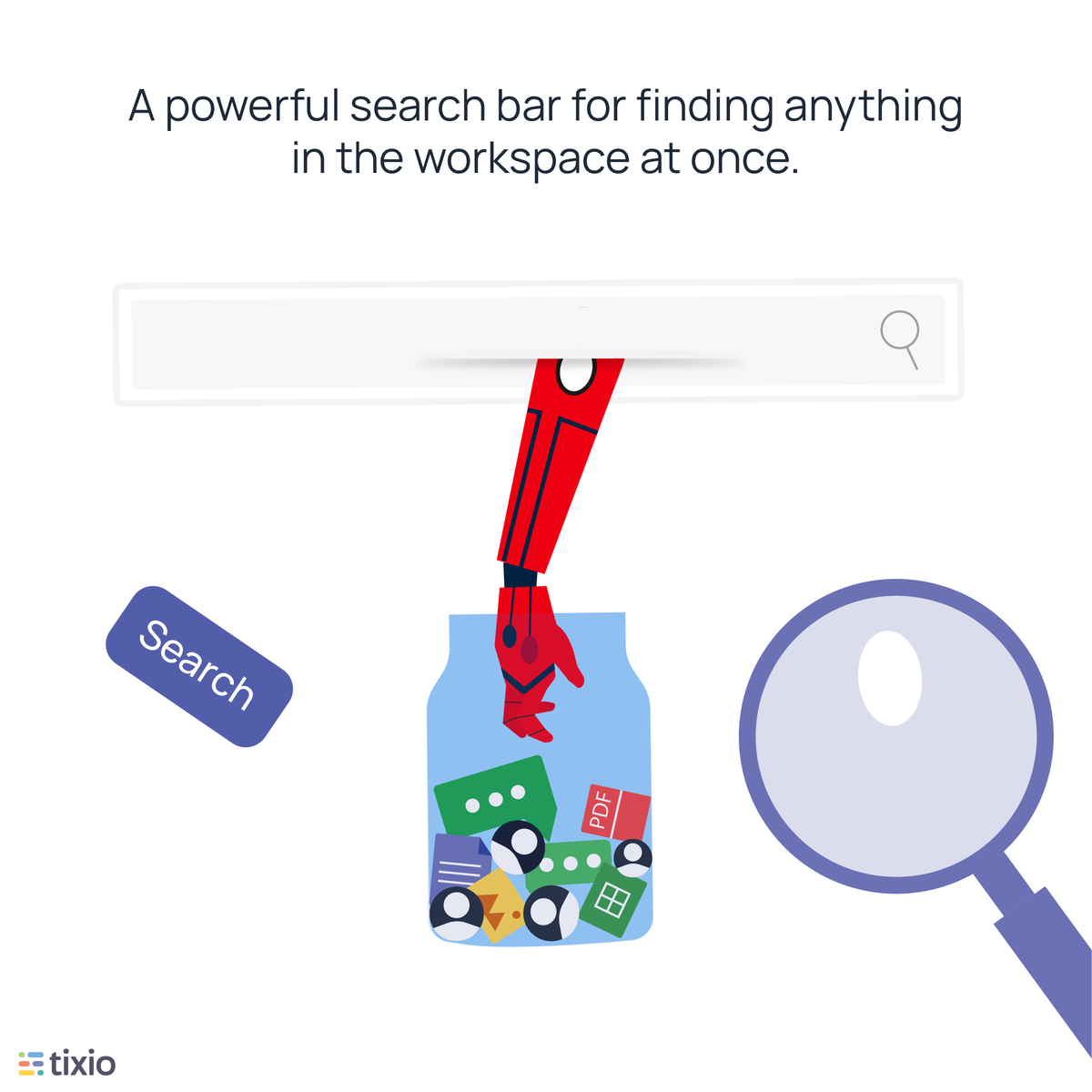 Tixioapp's tweet photo. With Tixio workspace, you can bring everything together in one place. But what if you need to get a file in the workspace quickly?

Here comes our unified search. A complete search engine to find what you need in the workspace in seconds. Search, sort, filter, and do more! https://t.co/5Cz2WIXGR6