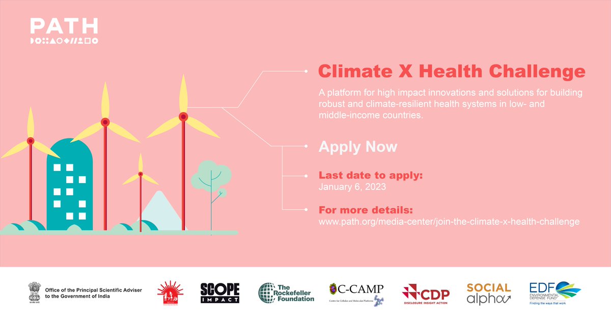 #ClimateXHealth Challenge with @PATHtweets! We are seeking innovations on adaptation, mitigation, environmental governance, or local community participation for climate-resilient health systems. Have a solution? Apply here: path.org/media-center/j… #healthforall #healthTech