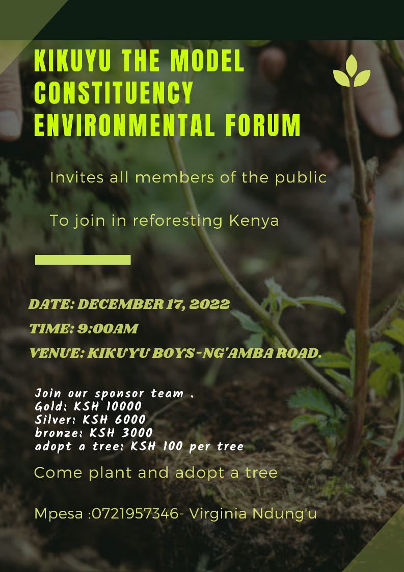 SamuelMuoria's tweet photo. KMCEF have a tree planting -Sat  17/12/2022 from 9:00am to 12:00pm along Kikuyu boys Ngamba road. 
We have a target of planting 3000trees and you can assist us in purchasing the seedlings by adopting a tree at KSH 100 pertree @KWamatangi @KIMANIICHUNGWAH @MamaRachelRuto @HonTuya https://t.co/PH4NKAnZ9U