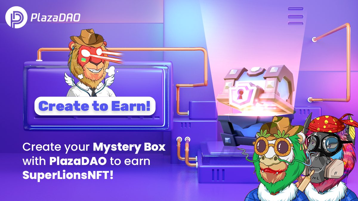 🗳️#PlazaDAO - Create to Earn!🗳️

🎁Free SuperLions NFT prizes are waiting for you!

ℹ️PlazaDAO pioneered the mystery box play for the NFT industry and is committed to enriching the liquidity of NFT and diversifying the play of NFT.

Complete the tasks:
gleam.io/FRWNO/create-t…