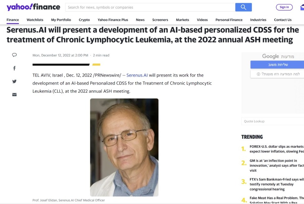 Serenus.AI is excited to present its work in collaboration with J-C Health Care Ltd Israel with the aim to improve outcomes for patients living with Chronic Lymphocytic Leukemia (CLL). 
finance.yahoo.com/.../serenus-ai…...
#healthcare #ai #collaboration #medical