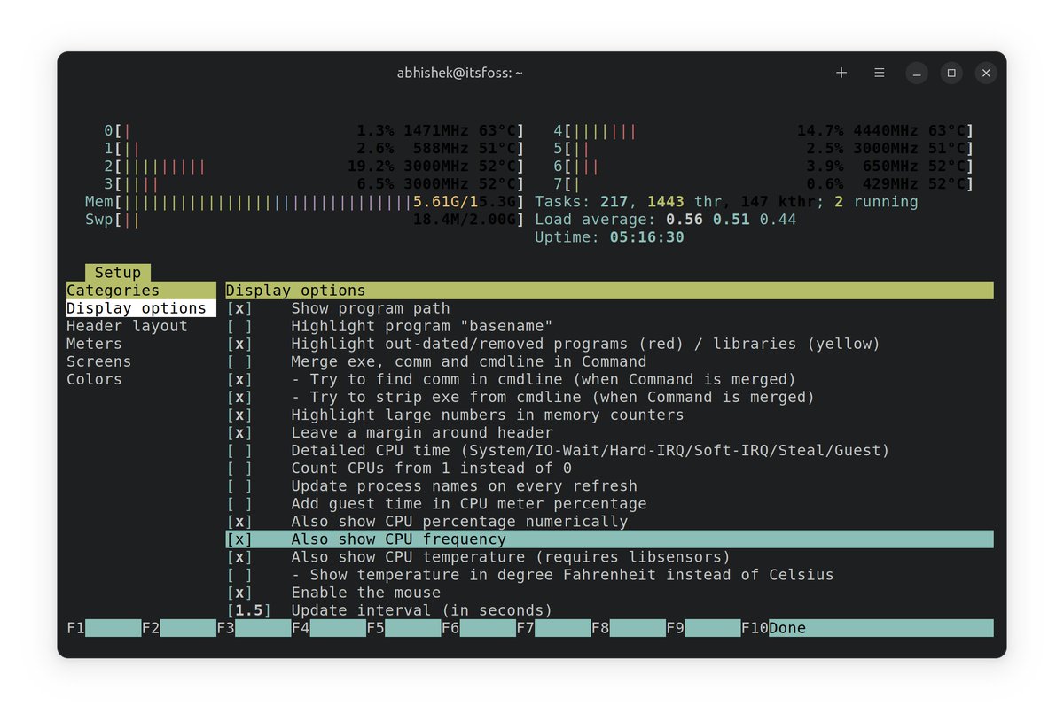 LinuxHandbook's tweet image. Did you know you can display CPU frequency and temperature in Linux using htop? 

Press F2 to access setup and check them in Display Options.

Press F10 to save and exit and you should see the frequency and temp on the top for each core.